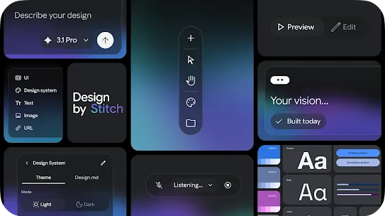 A product user interface grid layout showcasing components of a software platform labeled "Design by Stitch." The modular dark mode layout includes input cards for "Describe your design" with an AI model selector, a central tool vertical toolbar with selection arrows, asset creation options for UI and Design Systems, theme toggles for Light and Dark modes, voice assistant controls reading "Listening...", and color palette with typography previews.