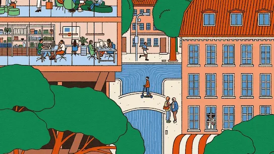 A vibrant, detailed illustration in a modern flat style showing a cross-section of a European city. On the left, a large building labeled "Innovation Opportunity" shows people working in data centers and modern offices. The rest of the scene depicts a thriving community with people at outdoor cafes, crossing bridges over a canal, riding e-scooters, and working near solar-powered streetlights.