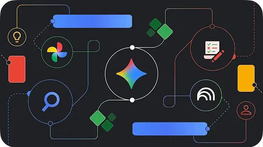 A colorful digital infographic on a dark background showing interconnected Google icons including Photos, Search, and a central multi-colored star representing AI. Lines connect various nodes like lightbulbs, checklists, and user profiles, symbolizing a tech ecosystem.
