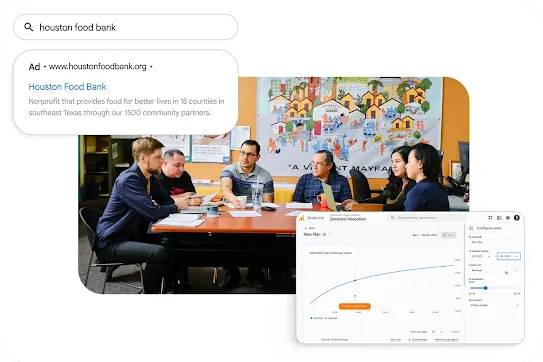 Graphic overlay showing a search query for Houston Food Bank, a Google ad preview, a team meeting around a conference table, and an analytics dashboard displaying donation allocation metrics.