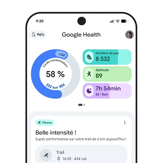 Image d'un écran de smartphone avec l'appli Google&nbsp;Health ouverte, qui affiche le récapitulatif d'un entraînement.