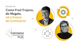 Retratos de Fred Trajano, CEO do Magazine Luiza, e Gleidys Salvanha, diretora de Negócios para Varejo no Google, acompanhados de símbolos que remetem ao varejo.