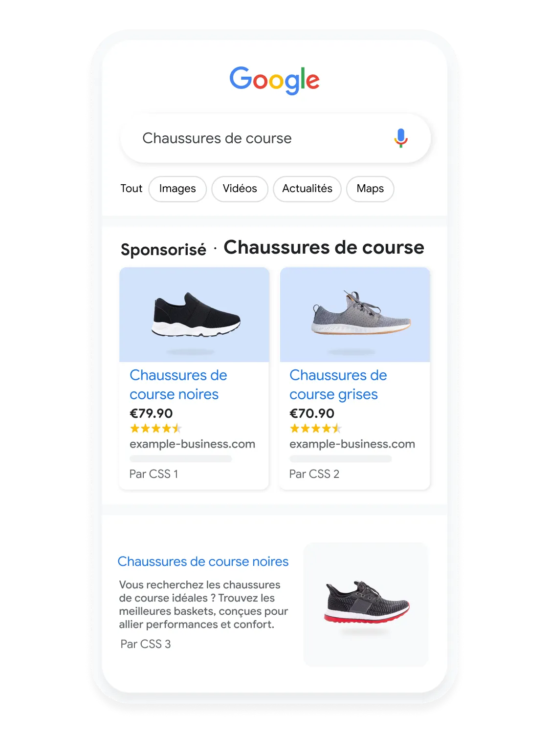 Interface utilisateur pour mobile animée montrant un utilisateur qui recherche des chaussures de course sur Google.