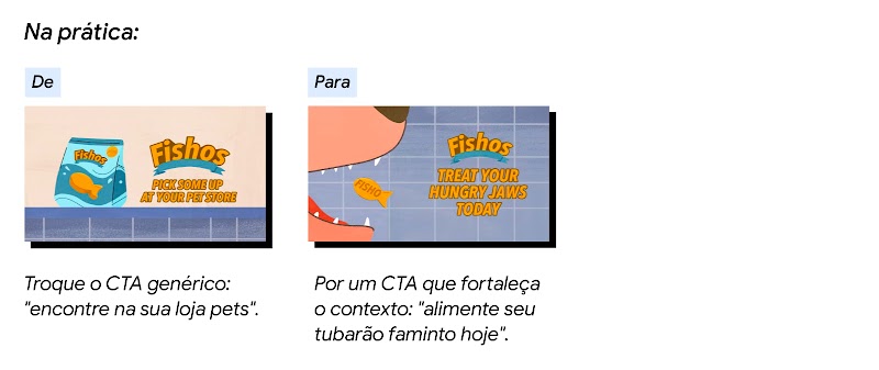 A cena de uma embalagem de Fishos com o logo da marca e a mensagem “encontre na sua loja de pets” deve ser substituída por uma cena da boca de um cachorro em detalhe engolindo um biscoito com a mensagem “alimente seu tubarão faminto hoje”.