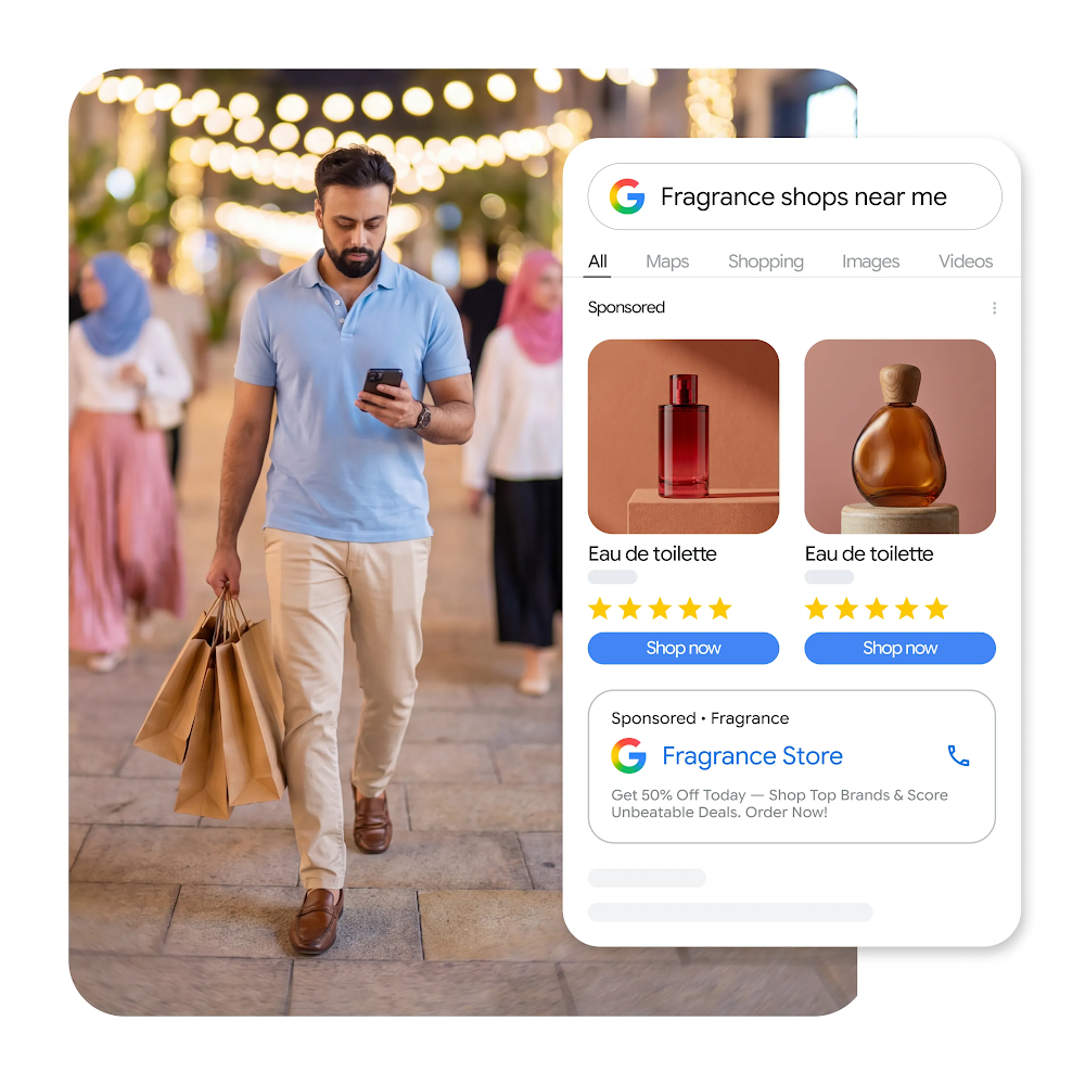 A digital graphic of a man using his smartphone while carrying shopping bags, overlaid with a mobile Google Search interface displaying sponsored perfume products and a local store ad for the query "Fragrance shops near me."