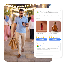 A digital graphic of a man using his smartphone while carrying shopping bags, overlaid with a mobile Google Search interface displaying sponsored perfume products and a local store ad for the query "Fragrance shops near me."