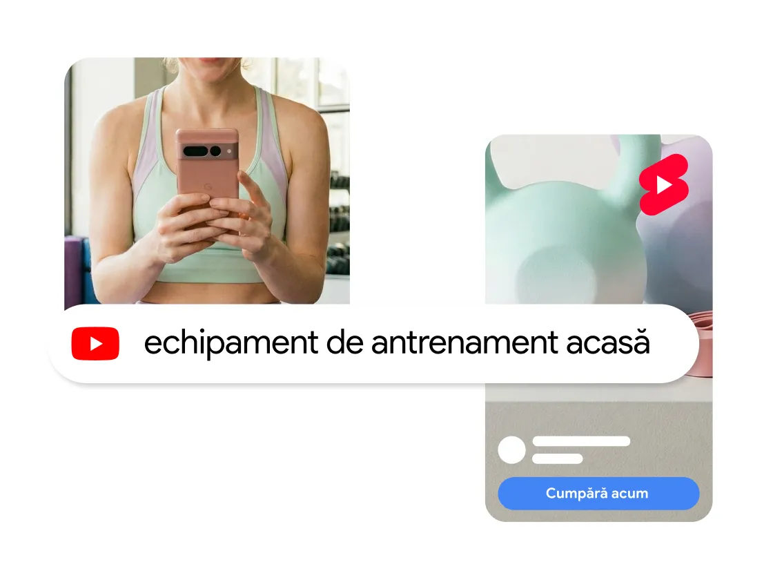 Element grafic cu un aspect tipic de anunț al unui produs pe rețele de socializare: în stânga, o femeie într-o ținută sportivă își face un selfie în oglindă ținând un telefon în mâini, cu eticheta „echipament de antrenament acasă” cu pictograma YouTube; în dreapta, un card minimalist de produs care prezintă echipament de fitness în culori pastelate, o pictogramă roșie în stilul Shorts și un buton „Cumpără acum”.