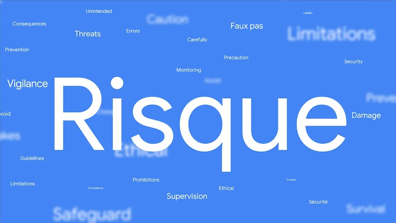 Nuage de mots avec le mot "risque" en grande police et, en plus petit, des mots tels que : supervision, prudence, dommages, erreurs, menaces, éthique et protection.