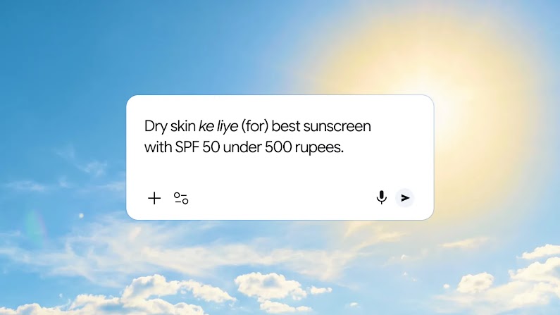 A Google AI Search box shows “Dry skin ke liye (for) best sunscreen with SPF 50 under 500 rupees,” illustrating the evolving search and consumer buying behaviour in India and how brands must adapt with AI-powered campaigns to drive profitable growth.