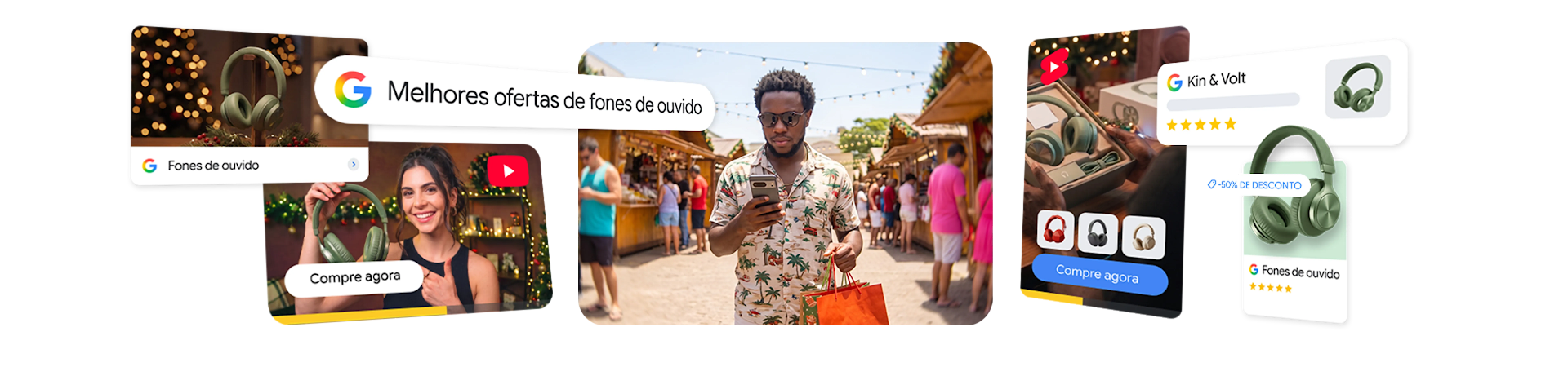 Colagem digital ilustrando uma jornada de compra de fim de ano, com uma pessoa usando um celular em uma feira. Ao redor, há uma barra da Pesquisa Google com o texto "Melhores ofertas de fones de ouvido", além de telas do YouTube, do YouTube Shorts e de anúncios do Google Shopping mostrando fones de ouvido verdes.
