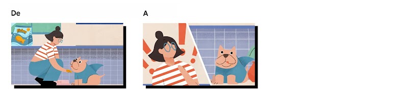 Guion gráfico con dos cuadros para el anuncio de Fishos. En el primero, una persona dándole un Fishos a su perro. En el segundo, el cuadro partido en dos: a la izquierda, la persona sorprendida; a la derecha, el perro sonriente.