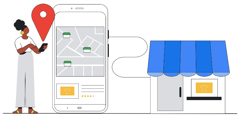 Illustration of a woman looking at a map on her phone. A curvy line connects the phone to an illustration of a store with a t-shirt in the window.