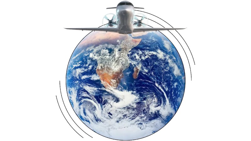 Das Bild zeigt ein Foto der Erde mit einem großen, futuristischen, KI-generierten Flugzeug, das darüber hinwegfliegt.