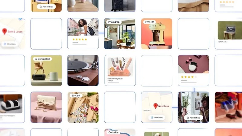 Una galería de fotografías con etiquetas de Shopping y Maps, como "Recogida en tienda" en una cafetera, "20 % de descuento" en una batidora y "Cómo llegar" en un mapa que muestra el marcador de ubicación de una zapatería.