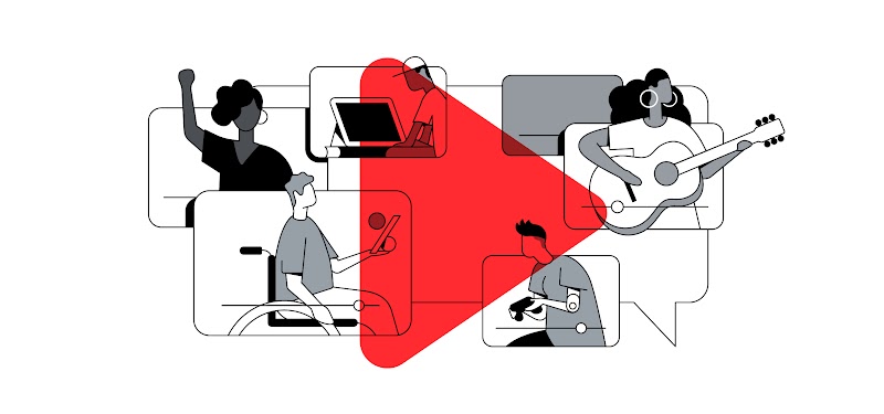 Cinco players, cada um com uma cena, sobrepostos pelo botão play vermelho. Uma mulher negra com punho erguido. Um homem negro de boné diante de um desktop. Uma mulher negra toca violão. Um homem cadeirante vê uma promoção. Um homem joga videogame.