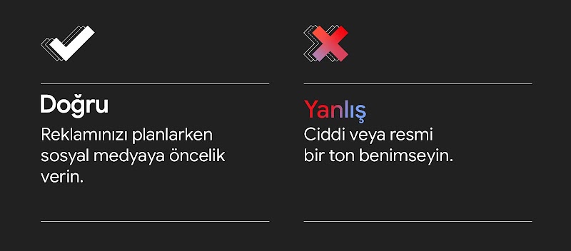 İki sütunlu, iki satırlı bir tabloda "Doğru: Reklamınızı planlarken sosyal medyaya öncelik verin." mesajının üzerinde beyaz renkli bir onay işareti gösteriliyor. "Yanlış: Ciddi veya resmi bir ton benimseyin." mesajının üzerinde ise pembe renkli bir X işar