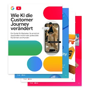 Das Cover von „Wie KI die Customer Journey verändert“ zeigt über dem Titel die Logos von Google und YouTube und ist mit Icons in Primärfarben verziert.