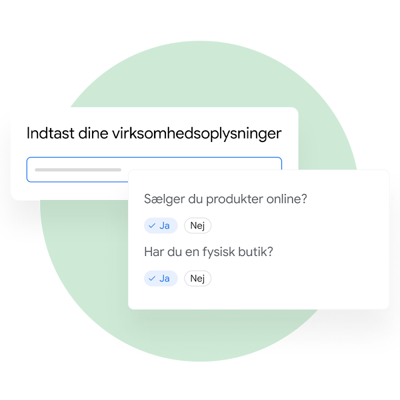 Brugerflade, hvor en bruger bliver bedt om at besvare spørgsmål om sin virksomhed i Merchant Center.