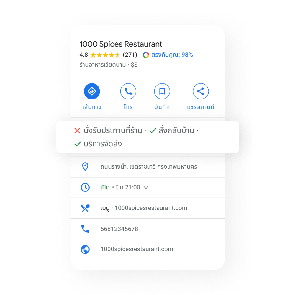 รูปภาพ Business Profile ของร้านอาหารแสดงบริการที่นำเสนอ ได้แก่ ไม่ให้บริการรับประทานที่ร้าน ให้บริการสั่งกลับบ้านและจัดส่ง