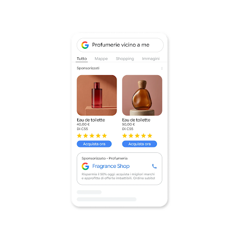 Schermata di ricerca Google su un telefono cellulare con la query: "Negozi di profumi vicino a me" e nei risultati mostra annunci di profumi con nomi, prezzi e recensioni a 5 stelle e una scheda con il telefono del negozio di profumi.