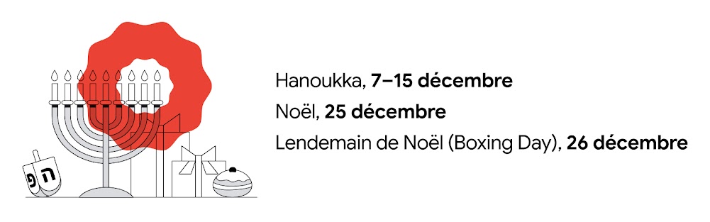 Une toupie de Hanoukka tourne à côté d'une menora avec huit bougies allumées, elle-même à côté de deux cadeaux emballés et d'une pâtisserie glacée. Une couronne rouge flotte au-dessus. Hanoukka, 7–15 décembre ; Noël, 25 décembre ; Lendemain de Noël (Boxin