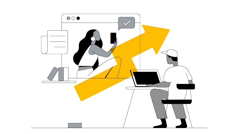 Uma pessoa olha para o celular e outra, sentada à mesa, usa o computador portátil. São estudantes e, perto deles na imagem, há ícones de livros e anotações. Uma grande seta amarela representa crescimento.