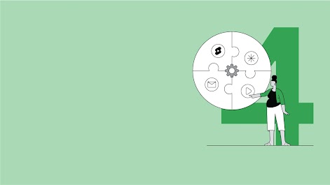 Die Grafik zeigt eine große vier auf der linken Seite und einen Frau vor mehreren Icons auf der rechten Seite. Die Grafk symbolisiert die Nutzung von Demand Gen.