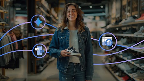 Una mujer con pelo largo y campera de jean tiene en sus manos una zapatilla negra. A su derecha, el logo de Gemini y de una ficha; a su izquierda, una lupa. Los íconos están en colores violetas y azules.