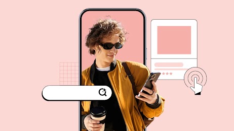 Un giovane interagisce con il suo smartphone, raffigurato in uno stile che combina fotografia e illustrazione. Le sovrapposizioni grafiche mostrano una barra di ricerca ed elementi di coinvolgimento degli annunci.