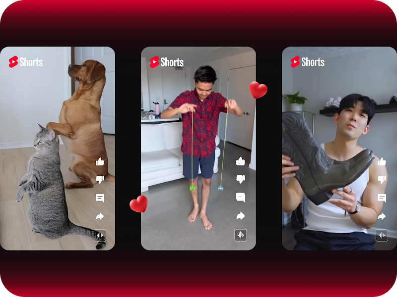 Trois exemples de vidéos YouTube Shorts présentent une variété de contenus, notamment des animaux de compagnie, des figures de yo-yo et la mode
