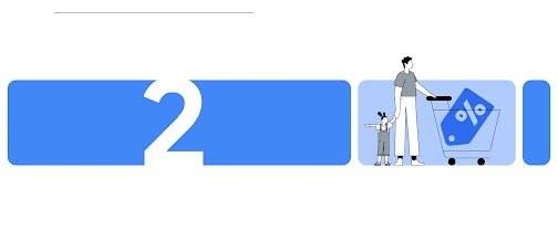 Una persona lleva de la mano a un niño. Con la otra, empuja un carrito de compras con un tag azul con el signo de porcentaje en color blanco.