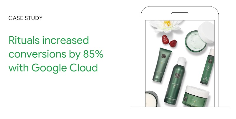 Case Study: Rituals increased conversions by 85% with Google Cloud. A smartphone presents a photo array of beauty products.