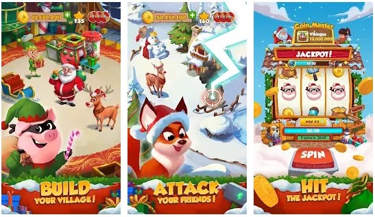 Screenshots of the gameplay in Coin Master, a hybrid-genre game