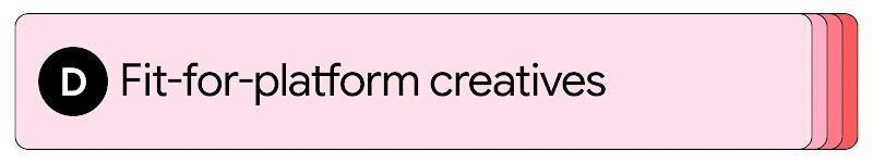 Stacked pink cards displaying a black circle with letter D alongside text reading "Fit-for-platform creatives". 