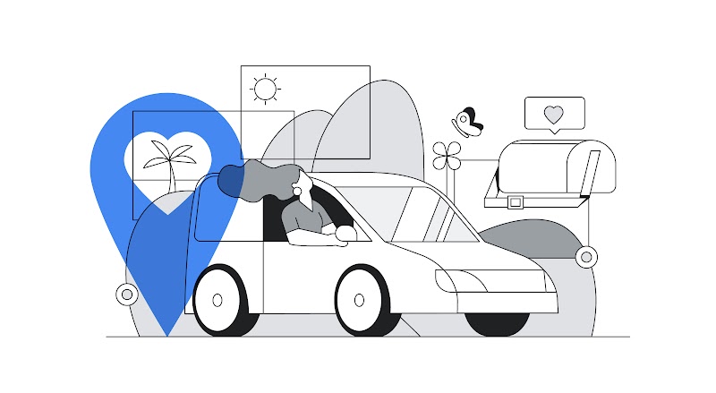 Uma mulher está dentro do carro com a cabeça do lado de fora levando vento. Ao redor, há paisagens com sol e montanhas.