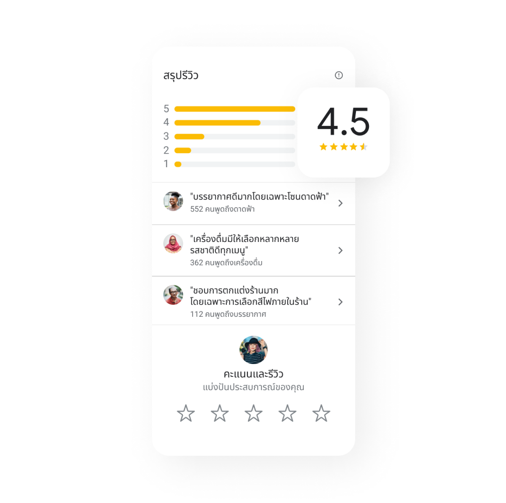 รูปภาพแท็บสรุปรีวิวของ Business Profile พร้อมด้วยรีวิวดาวและโพสต์จากลูกค้า