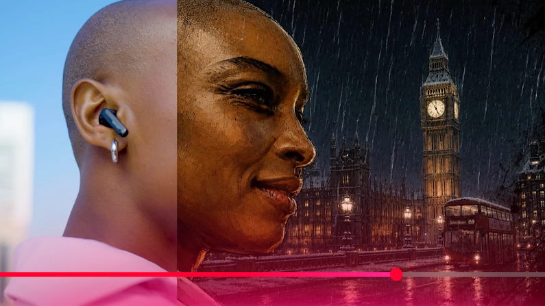 A split screen of a Black woman with a shaved head listening to music through earbuds next to an AI image of Big Ben and a double-decker bus in a rainy London street scene. A red YouTube progress bar runs across the bottom of the frame.