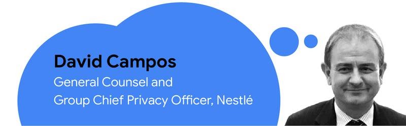 Foto von David Campos, Chefsyndikus und Group Chief Privacy Officer bei Nestlé (Name und Position in einer blauen Denkblase)]