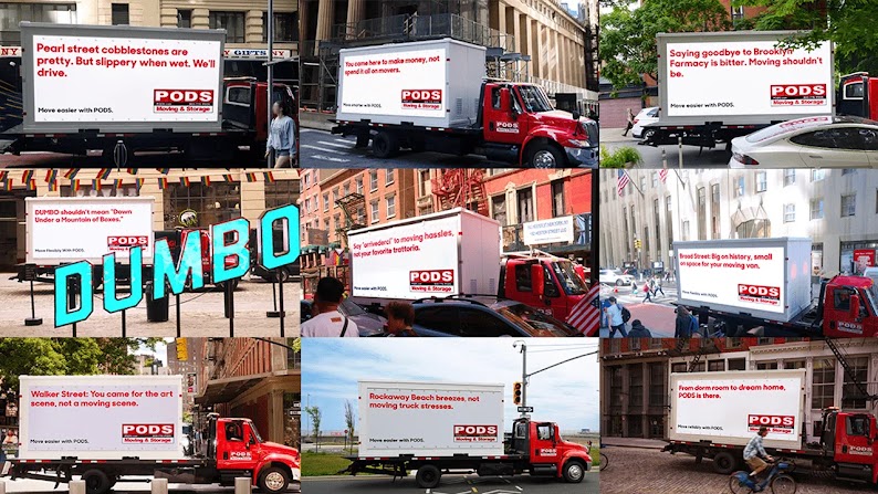 A gallery of PODS trucks driving and parked on NYC streets. In each photo, the slogan on the side of the truck has changed to fit the location, for example, “Broad Street: Big on history, small on space for your moving van.”