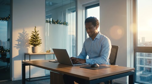 A smiling man in a light blue shirt works on a laptop at a wooden desk in a sunlit office, with a small decorated Christmas tree in the background.