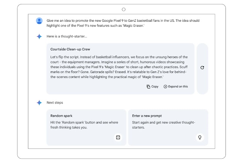 A tablet mockup displays the Gemini Idea Generator. A user prompt asking for help creating an ad Google Pixel 9 appears above a resulting potential scenario called called “Courtside Clean-up Crew”.