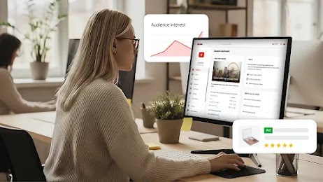 Une femme utilise YouTube pour rechercher des informations sur Coachella. Autour d'elle, des bulles affichent un graphique sur l'intérêt de l'audience et une annonce pour une palette de maquillage.