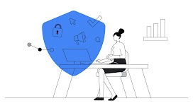 A woman using her laptop for multiple purposes as represented by the various icons appear above it, with a shield overlapping them as a sign of customer data protection using a first-party data strategy.