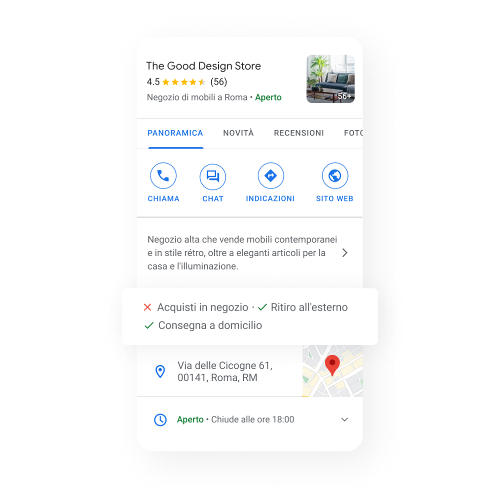 Immagine del profilo di un'attività su un dispositivo mobile che mostra alcune opzioni, quali ritiro all'esterno e consegna a domicilio disponibili e acquisto in negozio non disponibile. Orario di apertura e chiusura e partner disponibili per ritiro e consegna degli ordini.