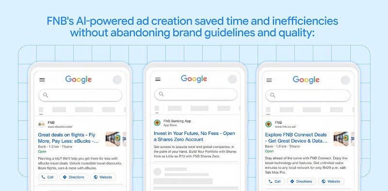 Three mobile phone mockups displaying Google search ad results for FNB, beneath a heading about AI-powered ad creation saving time. 