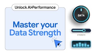 A graphic titled 'Unlock AI Performance: Master Your Data Strength" The design features a blue mouse cursor and digital UI elements including a 'Data' dial, a 'Strength' slider, and a bar graph.