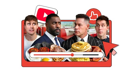 A photo shows YouTube creators Josh Carrott and Ollie Kendal with Hollywood actors Sir Idris Elba and John Cena and plates piled high with food. There are red icons featuring the YouTube logo, an arrow, and a thumbs-up sign around the photo.