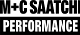 Logo for M+C Saatchi Performance. The top line reads 'M+C SAATCHI' in bold, black, uppercase sans-serif letters. The bottom line reads 'PERFORMANCE' in bold, white, uppercase letters, set against a solid black rectangular background block