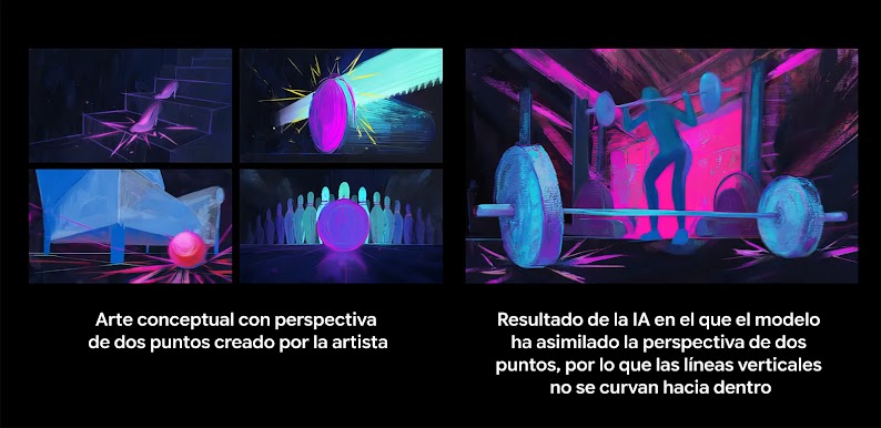 Comparativa de ilustraciones de arte conceptual, en negro y tonos neón, realizadas por una artista humana y un modelo de IA. En la obra de la artista, se ve una bola de bolos que rueda por debajo de un mueble y derriba los bolos. La imagen generada por IA muestra una barra de pesas y una persona usándola.