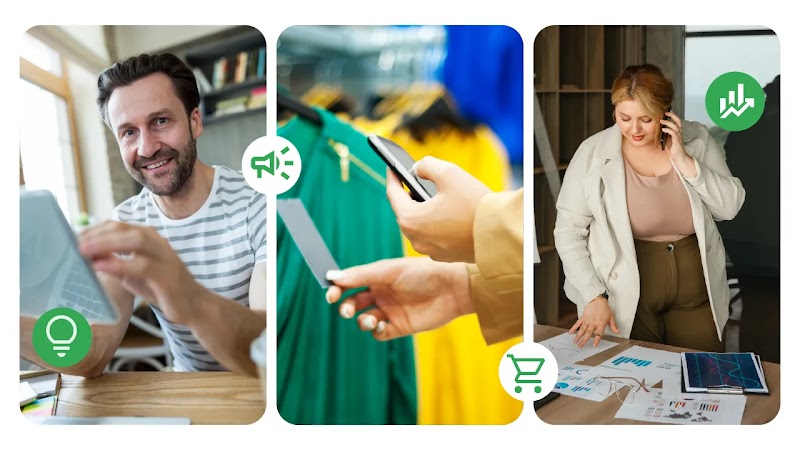 Tres escenas: un hombre usando una tableta, manos sosteniendo un teléfono y una etiqueta de ropa en una tienda, y una mujer hablando por teléfono mientras revisa reportes financieros. Incluye íconos de foco, megáfono, carrito y gráfica.